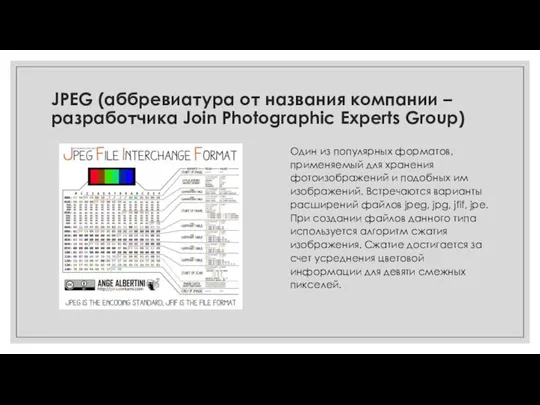 JPEG (аббревиатура от названия компании – разработчика Join Photographic Experts Group) Один