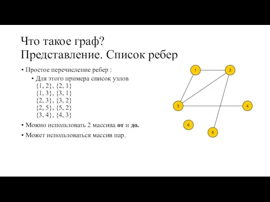 Что такое граф? Представление. Список ребер Простое перечисление ребер : Для этого