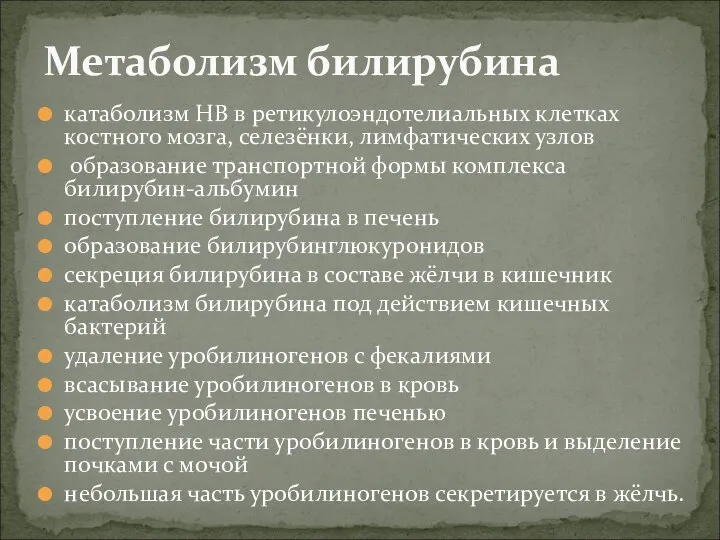 катаболизм НB в ретикулоэндотелиальных клетках костного мозга, селезёнки, лимфатических узлов образование транспортной