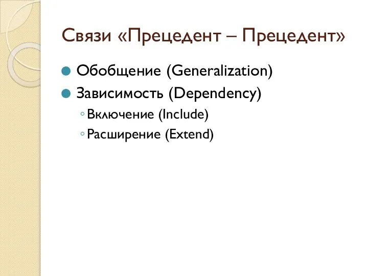 Связи «Прецедент – Прецедент» Обобщение (Generalization) Зависимость (Dependency) Включение (Include) Расширение (Extend)