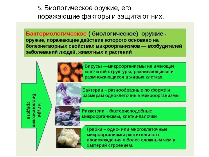 5. Биологическое оружие, его поражающие факторы и защита от них.