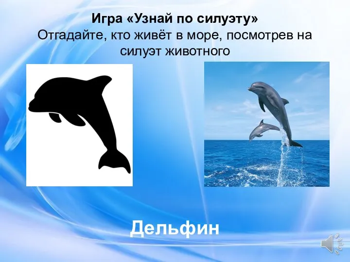 Дельфин Игра «Узнай по силуэту» Отгадайте, кто живёт в море, посмотрев на силуэт животного