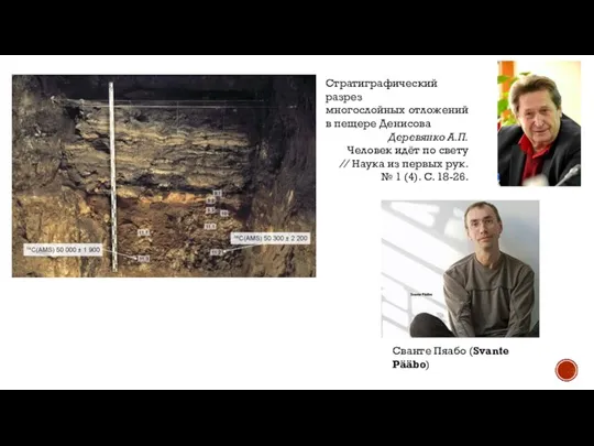 Стратиграфический разрез многослойных отложений в пещере Денисова Деревянко А.П. Человек идёт по
