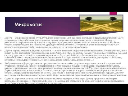 Мифология Дорога — символ жизненного пути, пути души в загробный мир, особенно