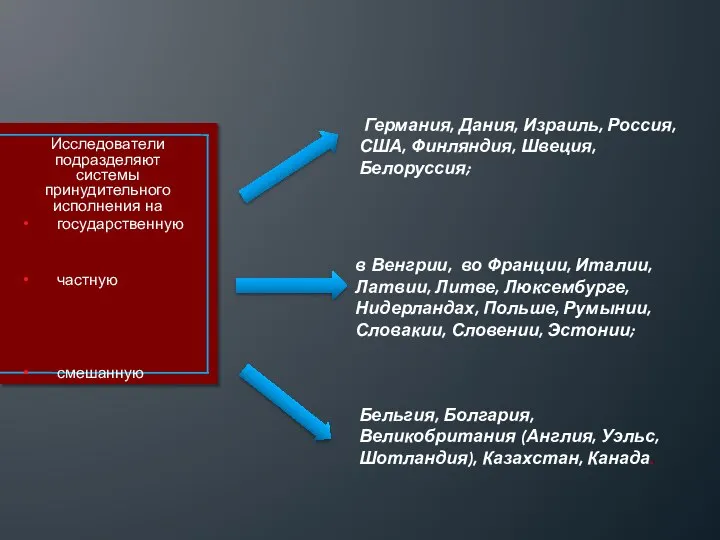 Исследователи подразделяют системы принудительного исполнения на государственную частную смешанную Германия, Дания, Израиль,