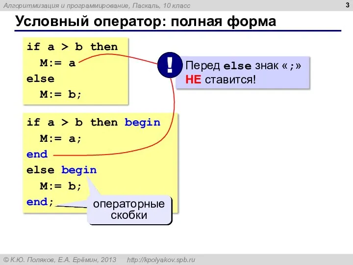 Условный оператор: полная форма if a > b then M:= a else