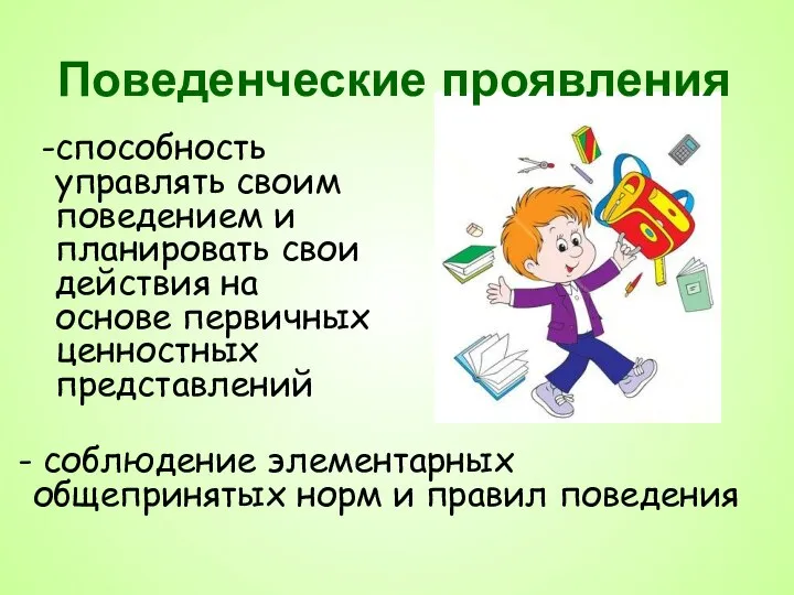 Поведенческие проявления способность управлять своим поведением и планировать свои действия на основе