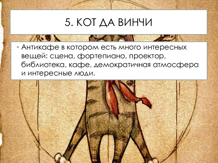 5. КОТ ДА ВИНЧИ Антикафе в котором есть много интересных вещей: сцена,