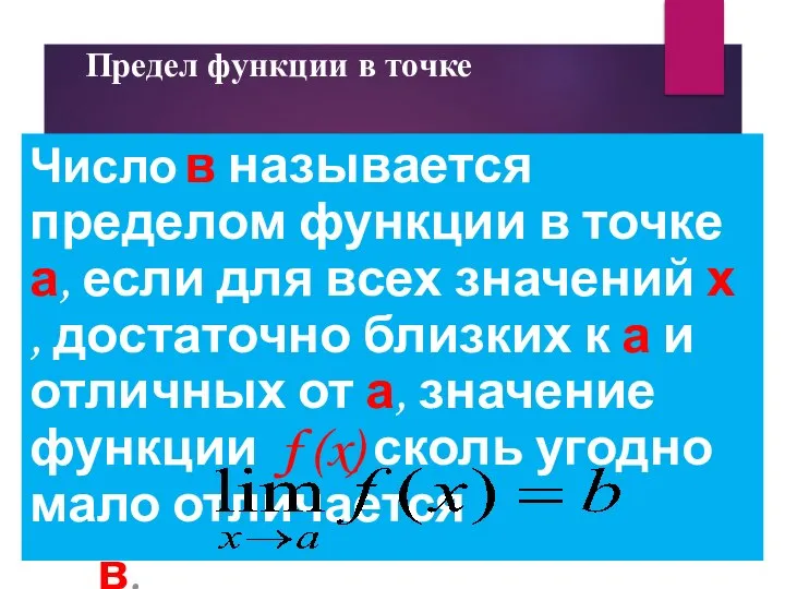 Предел функции в точке Число в называется пределом функции в точке а,