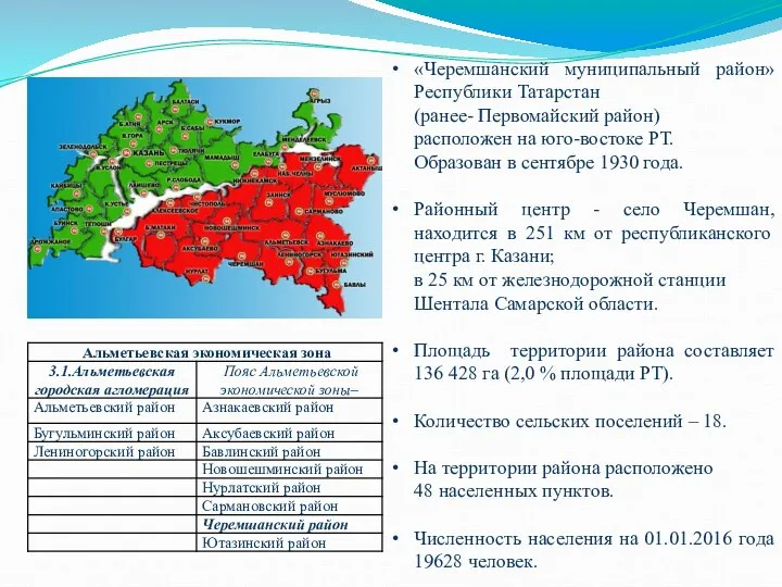 * «Черемшанский муниципальный район» Республики Татарстан (ранее- Первомайский район) расположен на юго-востоке