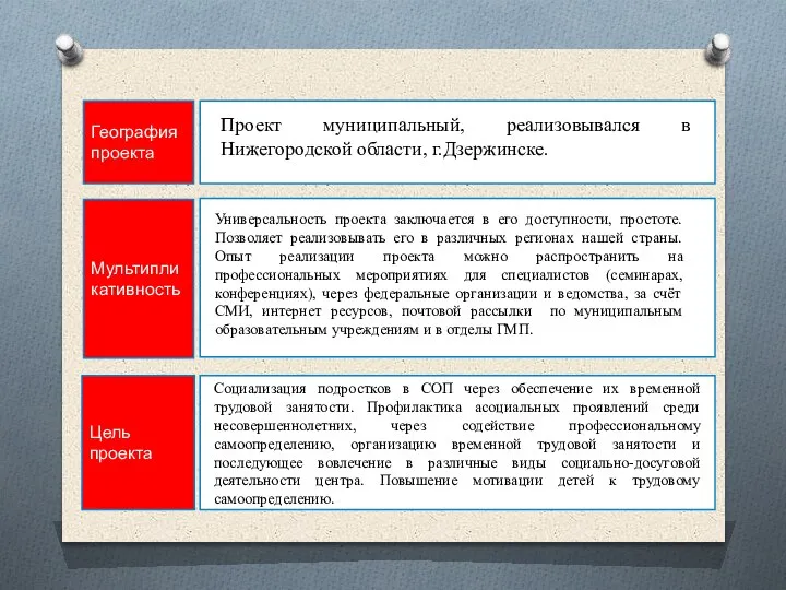 Проект муниципальный, реализовывался в Нижегородской области, г.Дзержинске. Универсальность проекта заключается в его