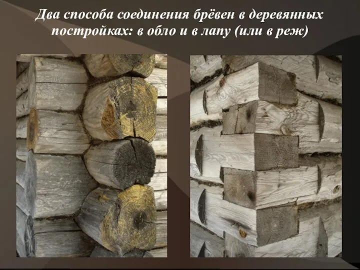 Два способа соединения брёвен в деревянных постройках: в обло и в лапу (или в реж)