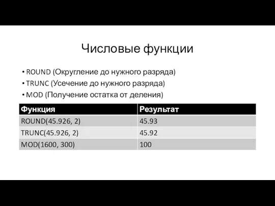 Числовые функции ROUND (Округление до нужного разряда) TRUNC (Усечение до нужного разряда)