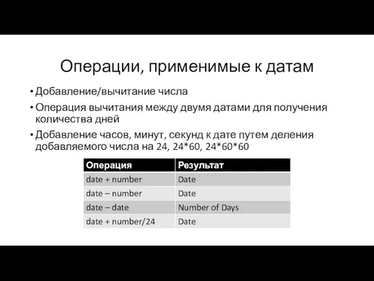 Операции, применимые к датам Добавление/вычитание числа Операция вычитания между двумя датами для