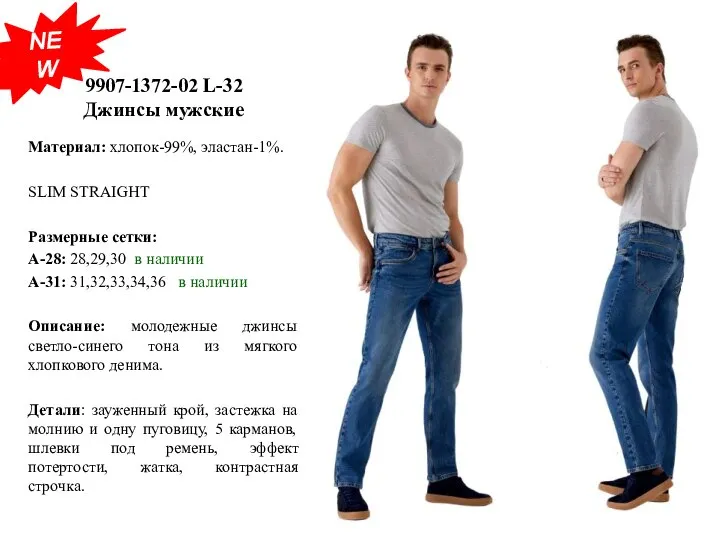 9907-1372-02 L-32 Джинсы мужские Материал: хлопок-99%, эластан-1%. SLIM STRAIGHT Размерные сетки: А-28: