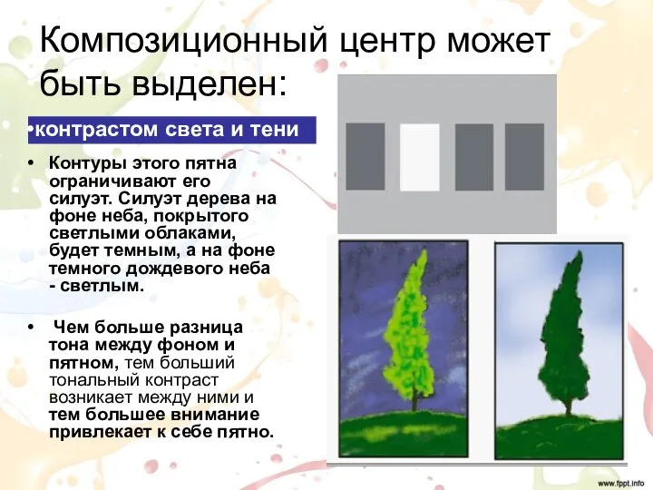 Композиционный центр может быть выделен: Контуры этого пятна ограничивают его силуэт. Силуэт