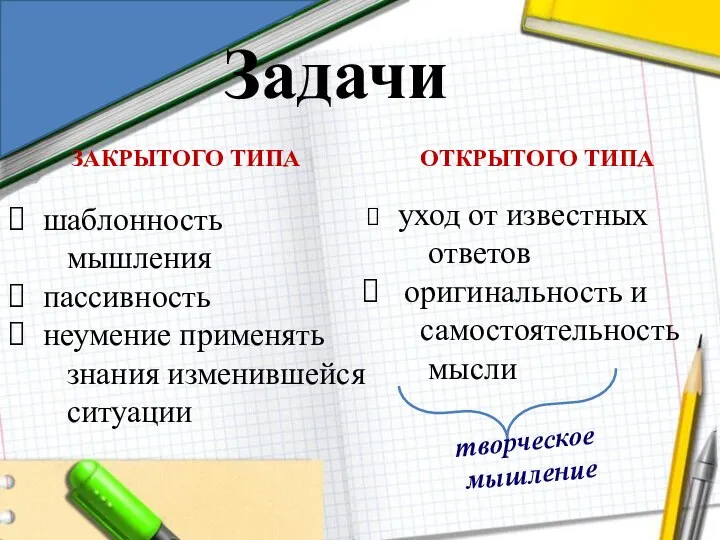 ОТКРЫТОГО ТИПА ЗАКРЫТОГО ТИПА шаблонность мышления пассивность неумение применять знания изменившейся ситуации