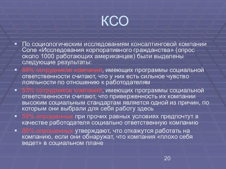 КСО По социологическим исследованиям консалтинговой компании Cone «Исследования корпоративного гражданства» (опрос около