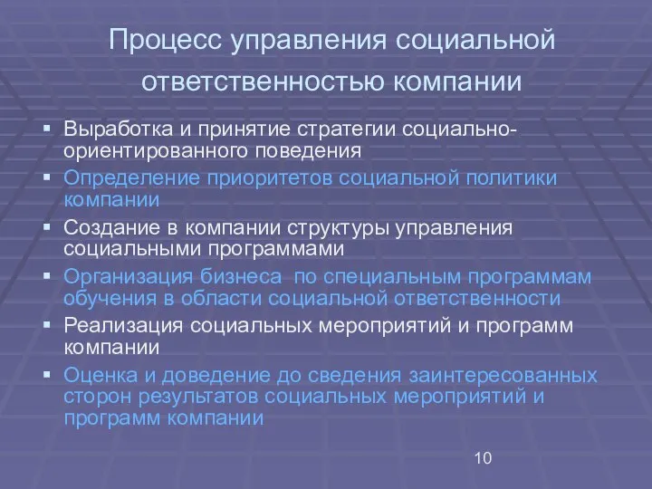 Процесс управления социальной ответственностью компании Выработка и принятие стратегии социально-ориентированного поведения Определение