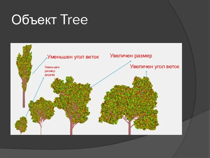 Объект Tree Уменьшен угол веток Уменьшен размер дерева Увеличен размер Увеличен угол веток