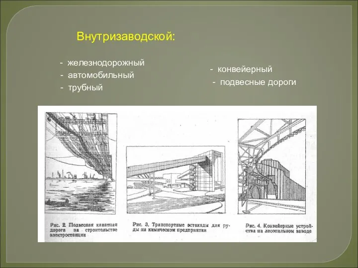 - конвейерный - подвесные дороги Внутризаводской: - железнодорожный - автомобильный - трубный