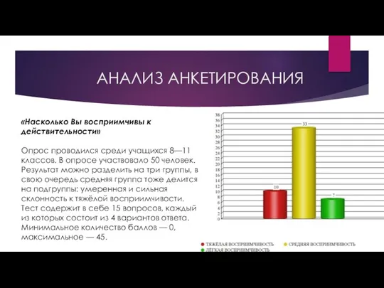 АНАЛИЗ АНКЕТИРОВАНИЯ «Насколько Вы восприимчивы к действительности» Опрос проводился среди учащихся 8—11