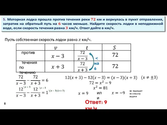 против течения по течению на 6 не подходит по смыслу задачи или Ответ: 9 км/ч.