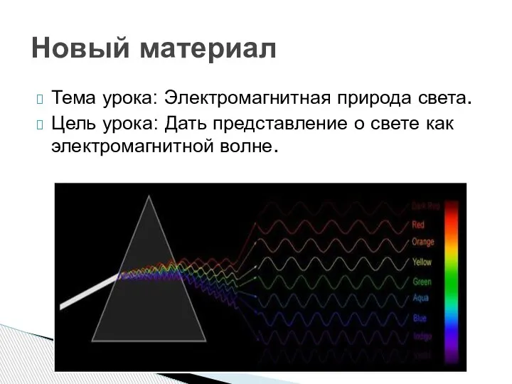 Тема урока: Электромагнитная природа света. Цель урока: Дать представление о свете как электромагнитной волне. Новый материал