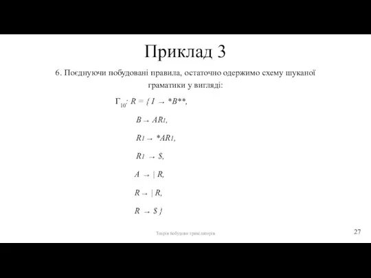 Приклад 3 6. Поєднуючи побудовані правила, остаточно одержимо схему шуканої граматики у