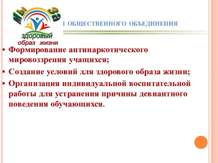 Формирование антинаркотического мировоззрения учащихся; Создание условий для здорового образа жизни; Организация индивидуальной