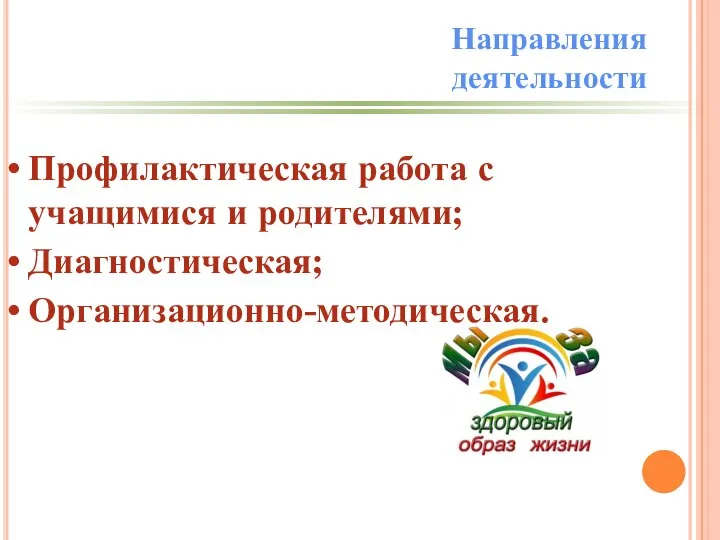 Профилактическая работа с учащимися и родителями; Диагностическая; Организационно-методическая. Направления деятельности