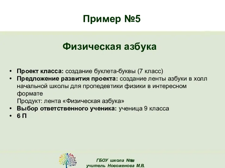 Пример №5 Физическая азбука Проект класса: создание буклета-буквы (7 класс) Предложение развития