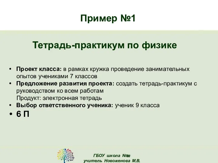 Пример №1 Тетрадь-практикум по физике Проект класса: в рамках кружка проведение занимательных