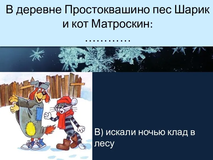 В деревне Простоквашино пес Шарик и кот Матроскин: ………… В) искали ночью клад в лесу