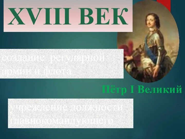 Пётр I Великий XVIII ВЕК создание регулярной армии и флота учреждение должности главнокомандующего