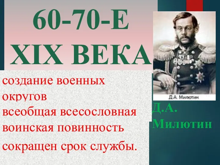 Д.А. Милютин 60-70-Е XIX ВЕКА создание военных округов всеобщая всесословная воинская повинность сокращен срок службы.