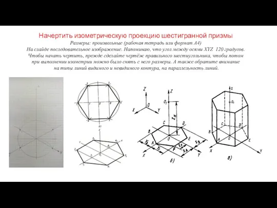 Начертить изометрическую проекцию шестигранной призмы Размеры: произвольные (рабочая тетрадь или формат А4)