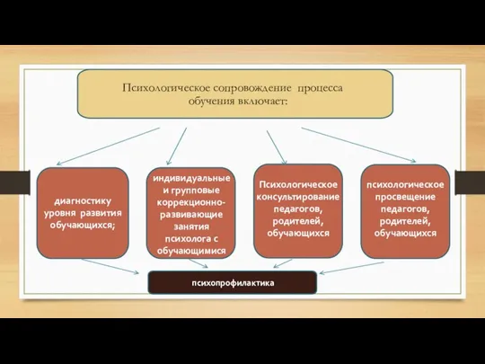 Психологическое сопровождение процесса обучения включает: диагностику уровня развития обучающихся; индивидуальные и групповые