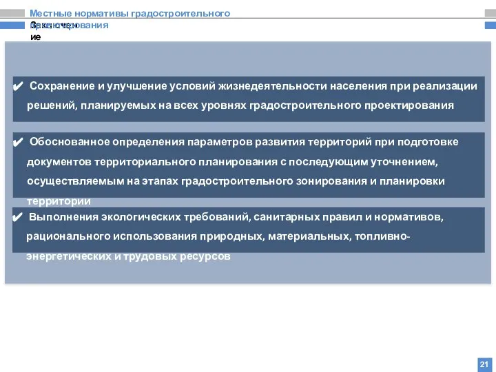 Заключение Местные нормативы градостроительного проектирования 21 Выполнения экологических требований, санитарных правил и