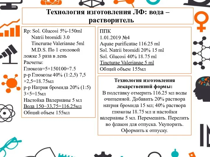 Технология изготовления ЛФ: вода – растворитель Rp: Sol. Glucosi 5%-150ml Natrii bromidi