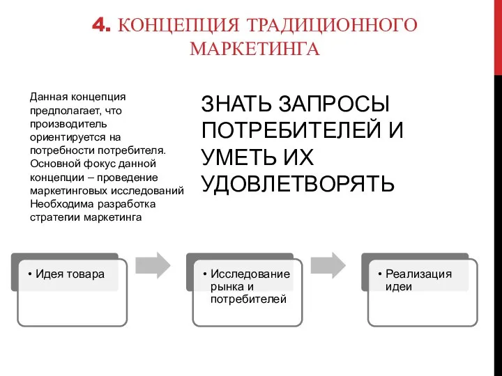 ЗНАТЬ ЗАПРОСЫ ПОТРЕБИТЕЛЕЙ И УМЕТЬ ИХ УДОВЛЕТВОРЯТЬ Данная концепция предполагает, что производитель