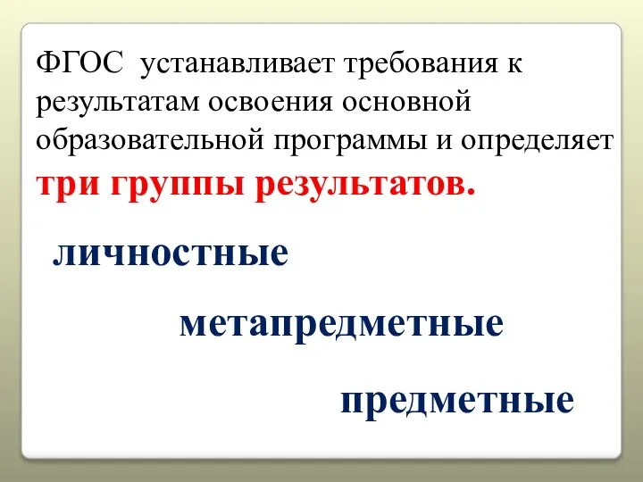 ФГОС устанавливает требования к результатам освоения основной образовательной программы и определяет три