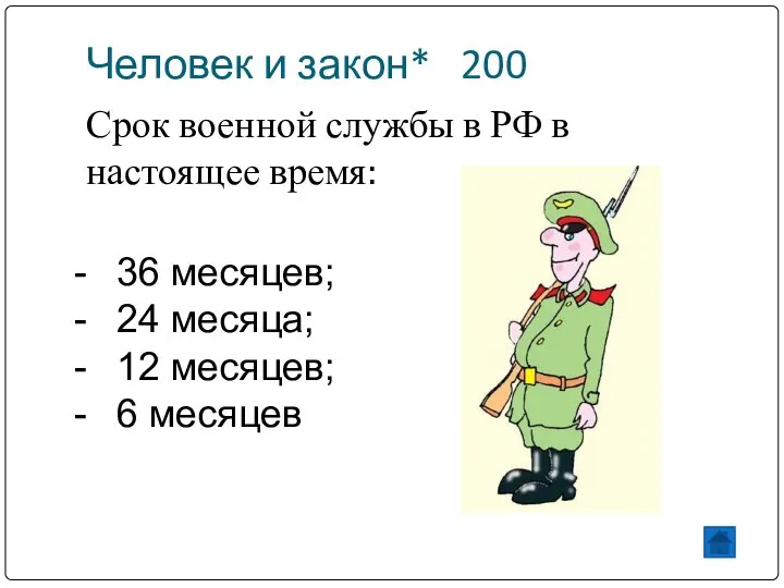 Человек и закон* 200 Срок военной службы в РФ в настоящее время: