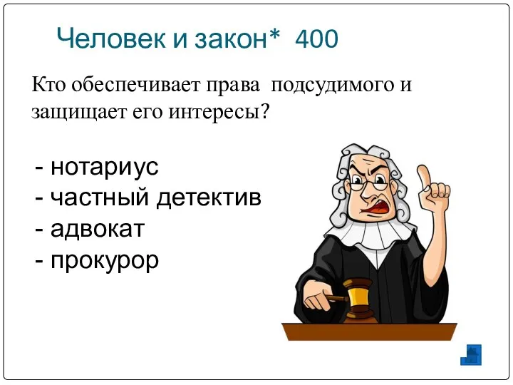 Человек и закон* 400 Кто обеспечивает права подсудимого и защищает его интересы?