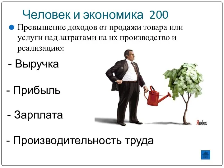 Человек и экономика 200 Превышение доходов от продажи товара или услуги над