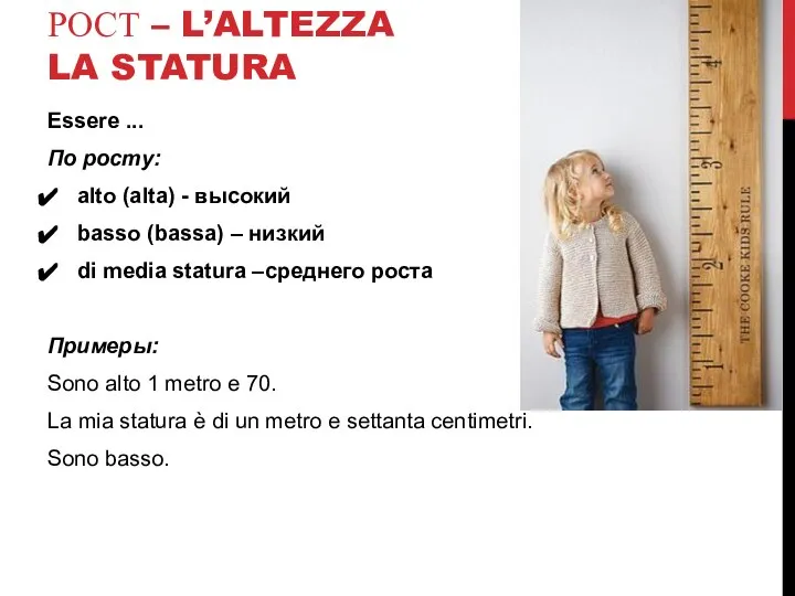 РОСТ – L’ALTEZZA LA STATURA Essere ... По росту: alto (alta) -