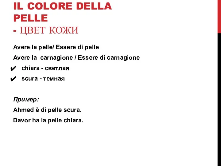 IL COLORE DELLA PELLE - ЦВЕТ КОЖИ Avere la pelle/ Essere di