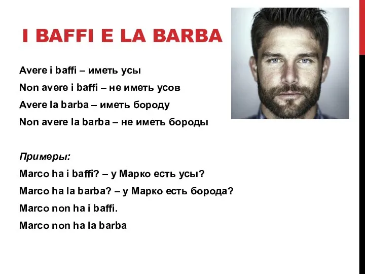 I BAFFI E LA BARBA Avere i baffi – иметь усы Non