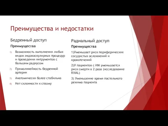 Преимущества и недостатки Бедренный доступ Преимущества Возможность выполнения любых видов эндоваскулярных процедур