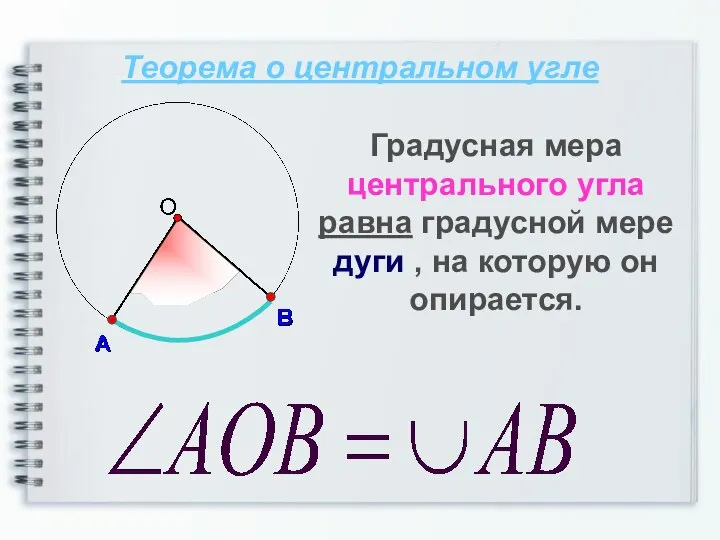 Теорема о центральном угле Градусная мера центрального угла равна градусной мере дуги